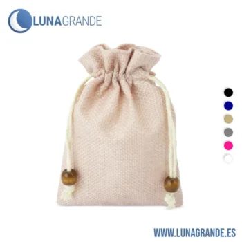 Bolsa de tela con cierre de cordón y bolitas de madera