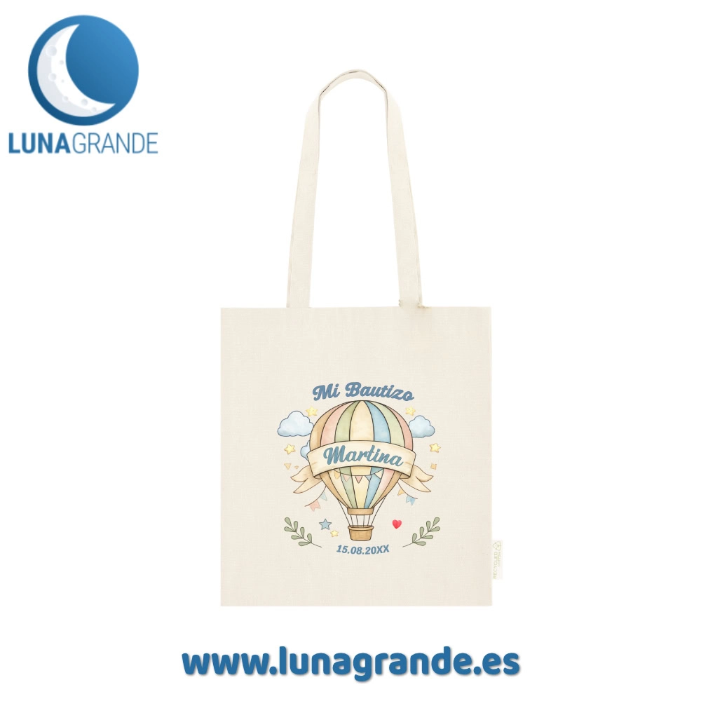Bolsas de Algodón Personalizadas para Bautizo – Globo Aerostático 5 Bolsa de tela personalizada - tote bag - Bautizo - Globo