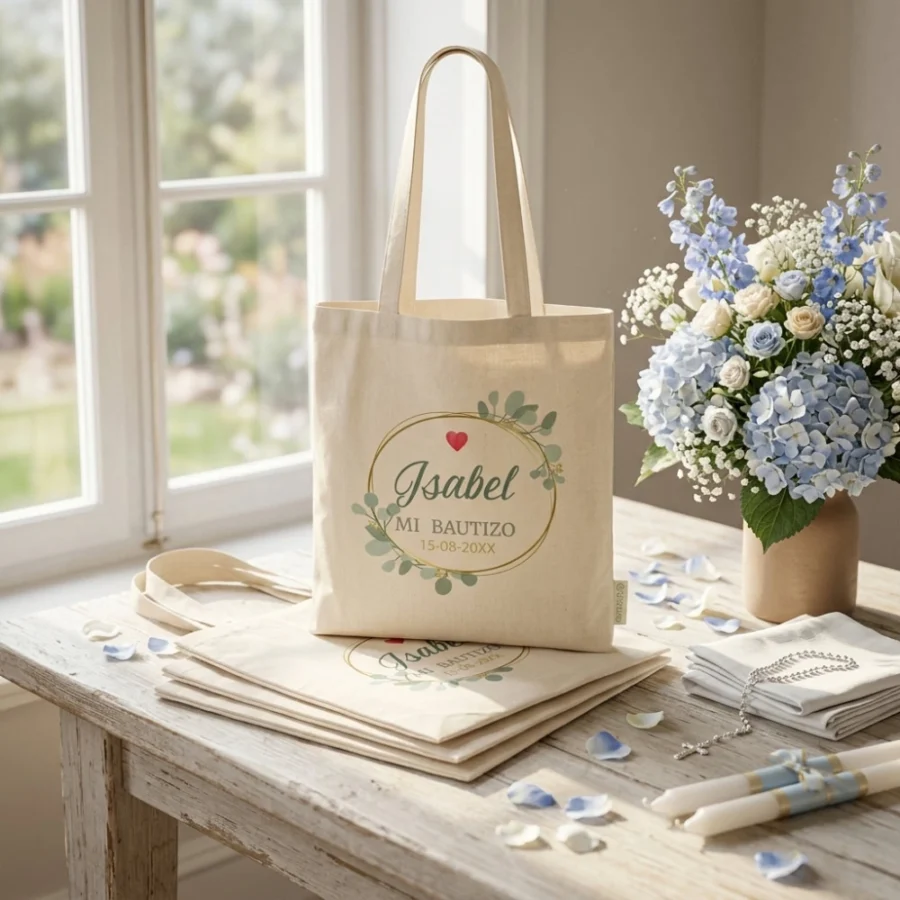 Bolsas de tela para bautizo floral circular 2 Bolsas de tela personalizadas para Bautizos - Círculo floral