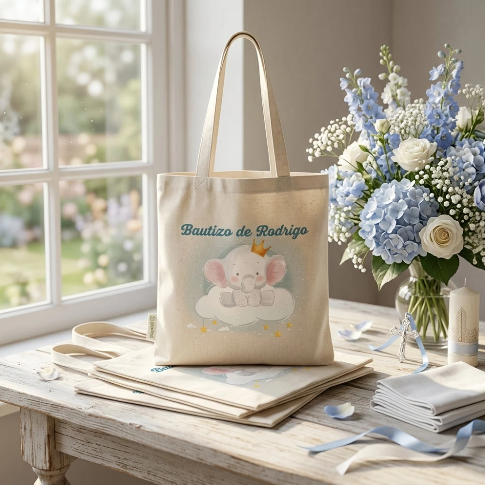 Bolsas de Algodón Personalizadas para Bautizo – Elefante 2 Bolsas de tela personalizadas para bautizo - elefante