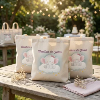 Bolsa de algodón personalizada para bautizo con elefante a color