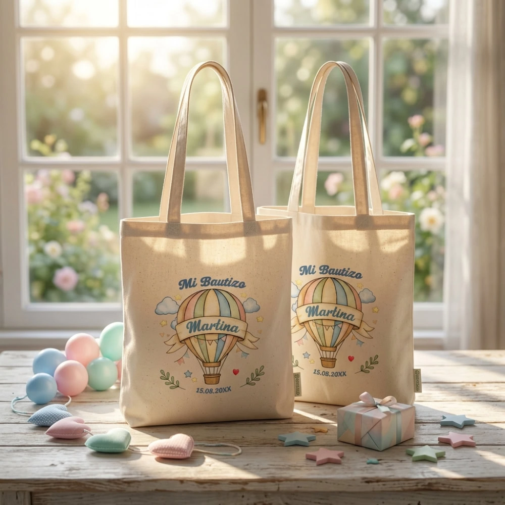 Bolsas de Algodón Personalizadas para Bautizo – Globo Aerostático 2 Bolsas de tela personalizadas - tote bag - Bautizo - Globo - niña