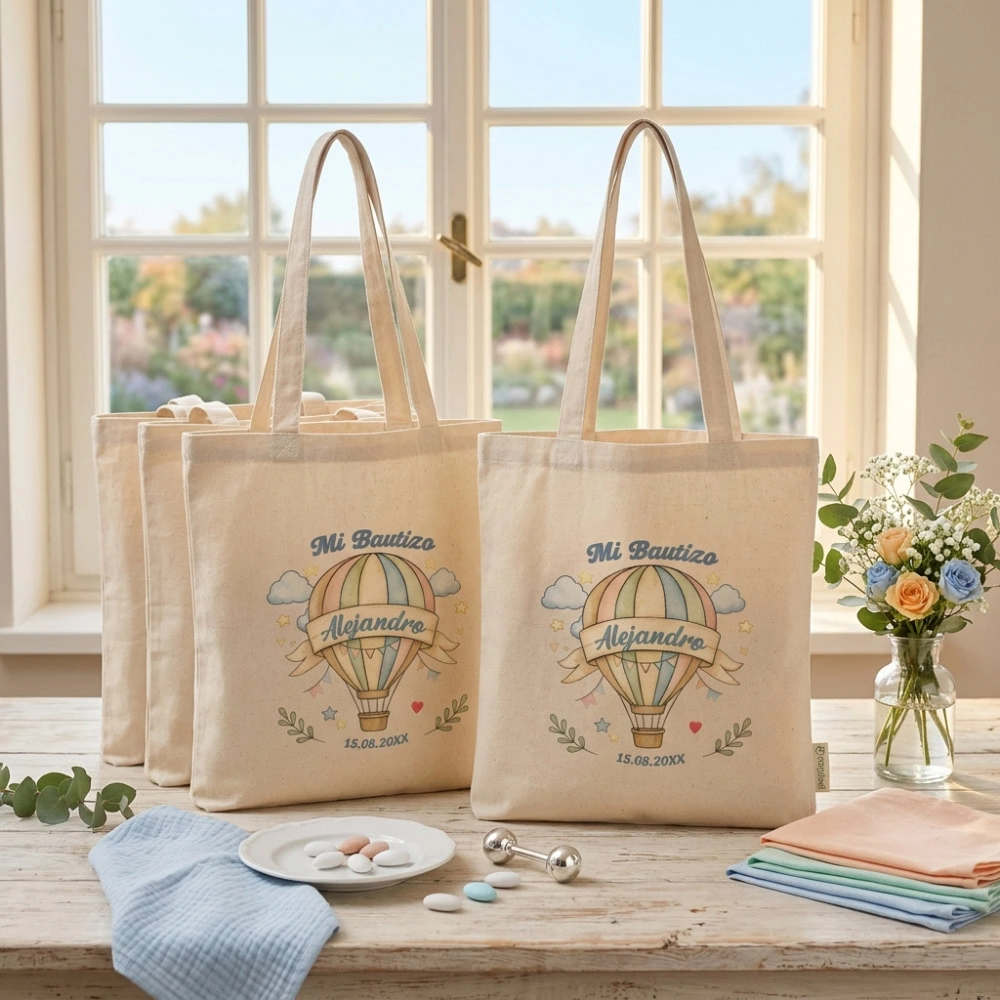 Bolsas de Algodón Personalizadas para Bautizo – Globo Aerostático 1 Bolsas de tela personalizadas - tote bag - Bautizo - Globo - niño