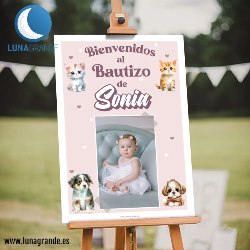 Cartel de bienvenida Bautizo - Perritos y Gatitos 4 Cartel Bautizo Animalitos - Gatitos y perritos - 50 x 70