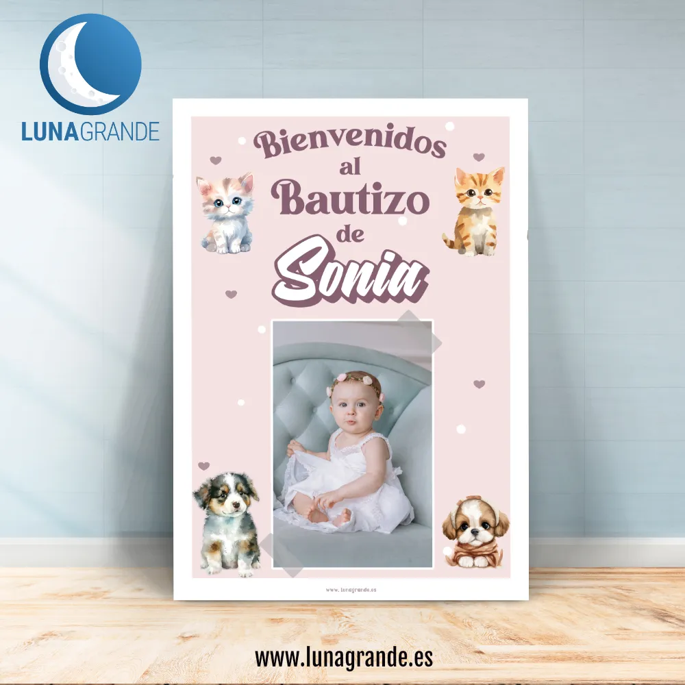 Cartel de bienvenida Bautizo - Perritos y Gatitos 5 Cartel Bautizo Animalitos - Gatitos y perritos - 70 x 100