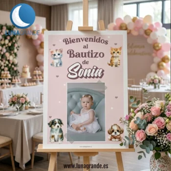 Inicio 10 Cartel Bautizo Animalitos - Gatitos y perritos - rosa