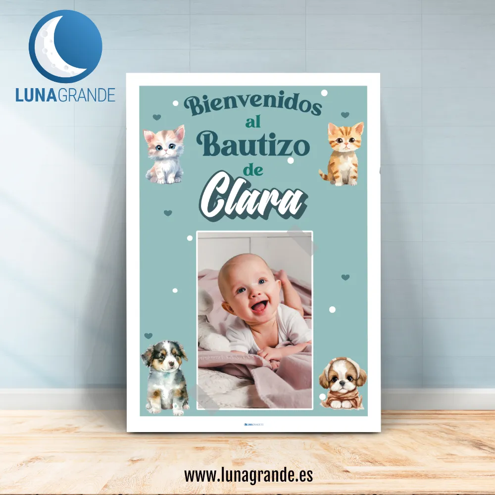 Cartel de bienvenida Bautizo - Perritos y Gatitos 3 Cartel Bautizo Animalitos - Gatitos y perritos - turquesa - 70 x 100