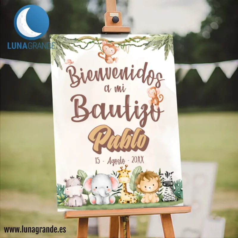 Cartel Bienvenida Bautizo Animales Selva - 50 x 70