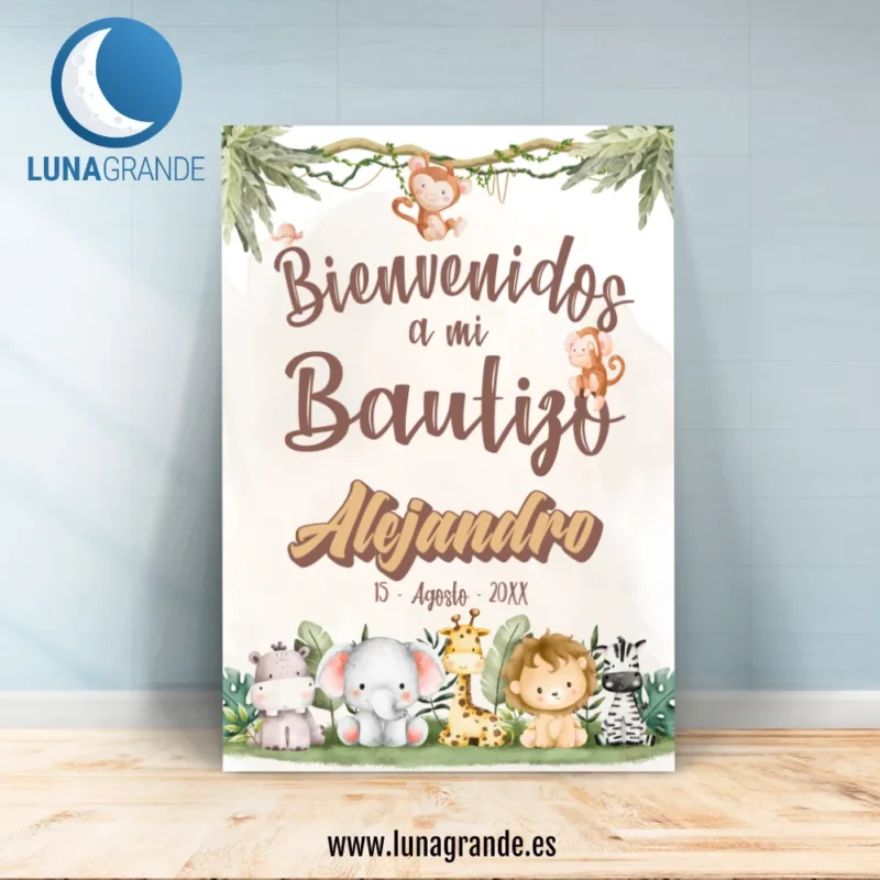 Cartel Bienvenida Bautizo Animales Selva - 70 x 100