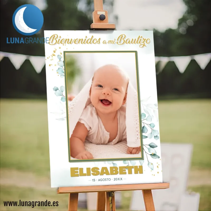 Cartel Bienvenida Bautizo Floral Acuarela Oro - 50 x 70