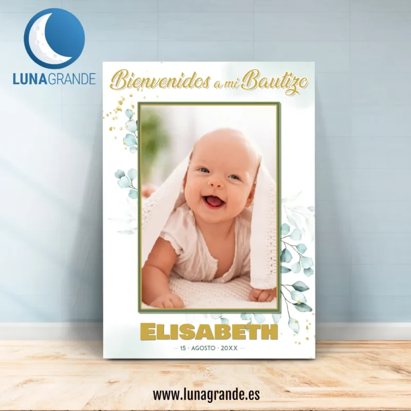 Cartel Bienvenida Bautizo Floral Acuarela Oro - 70 x 100