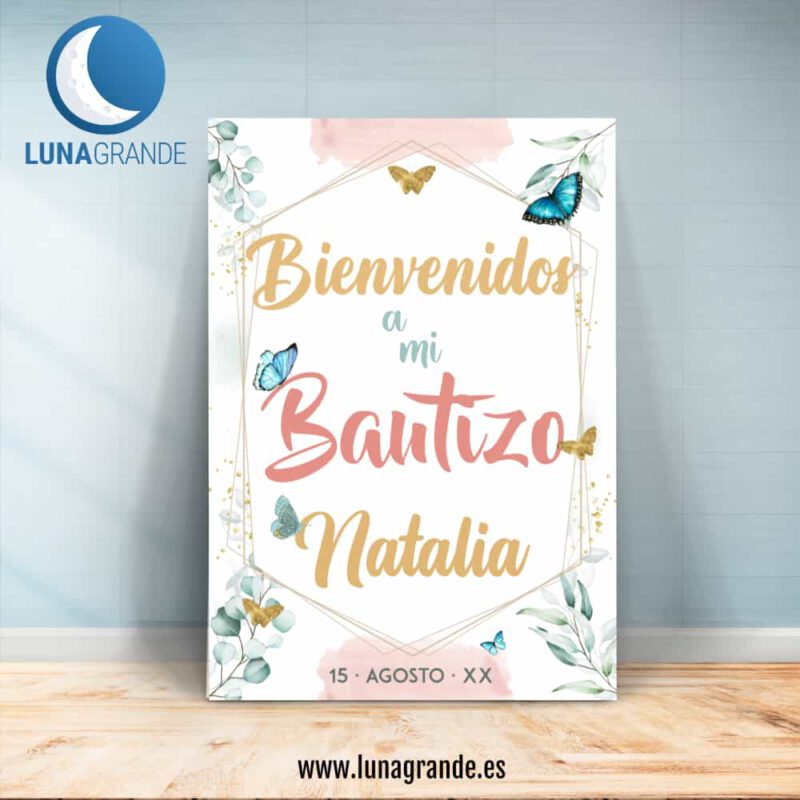 Cartel Bienvenida Bautizo Floral Mariposas 70 x 100