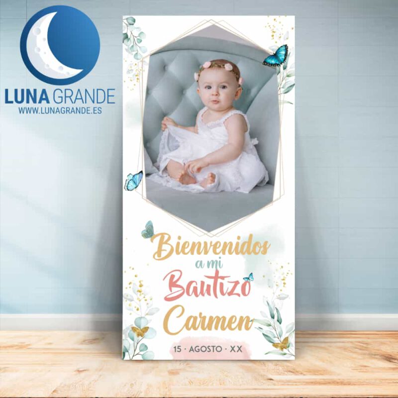 Cartel Bienvenida Bautizo Floral Mariposas 70 x 140 sin soporte