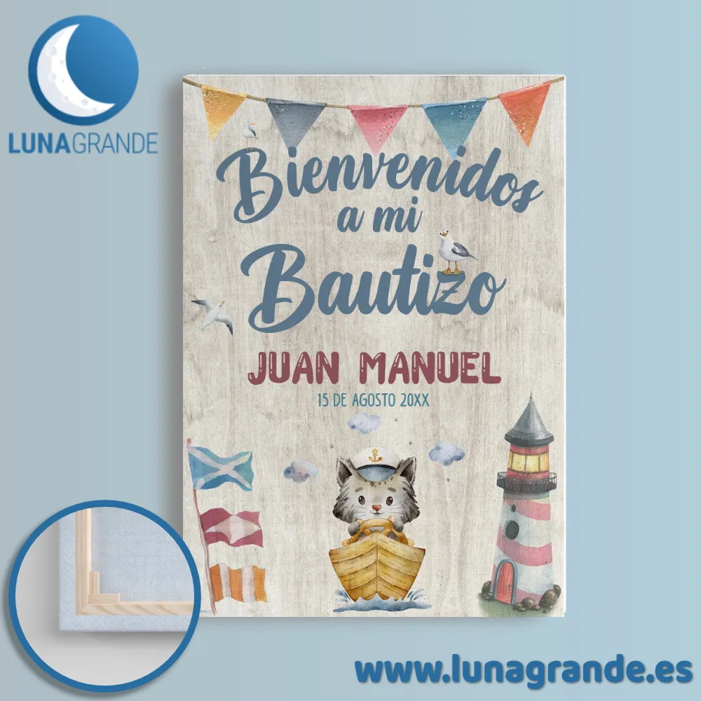 Cartel de bienvenida Bautizo - gatito marinero 4 Cartel Bienvenida Bautizo Gatito Marinero Lienzo Bastidor de Madera