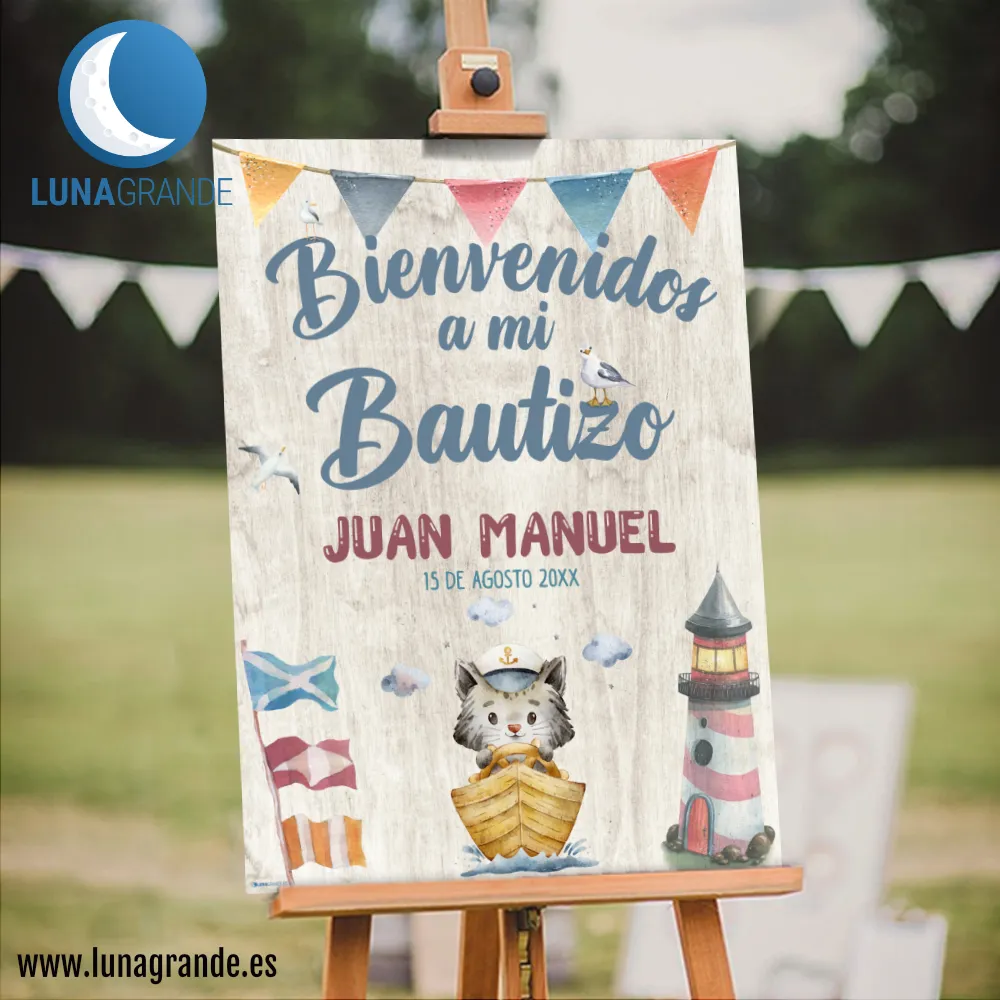 Cartel de bienvenida Bautizo - gatito marinero 2 Cartel Bienvenida Bautizo - Gatito marinero - 50 x 70