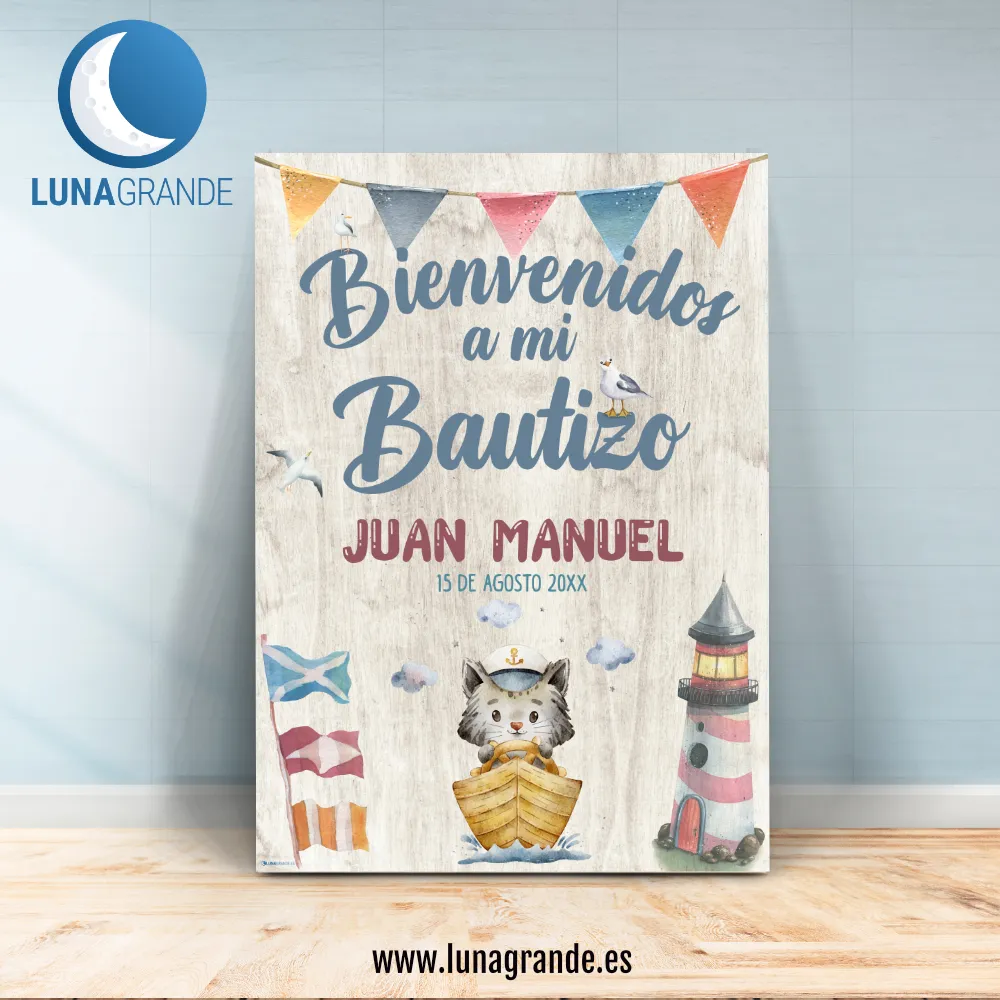 Cartel de bienvenida Bautizo - gatito marinero 3 Cartel Bienvenida Bautizo - Gatito marinero - 70 x 100