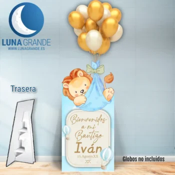 Cartel Bienvenida Bautizo León 70 x 140 recortado con soporte - presentación