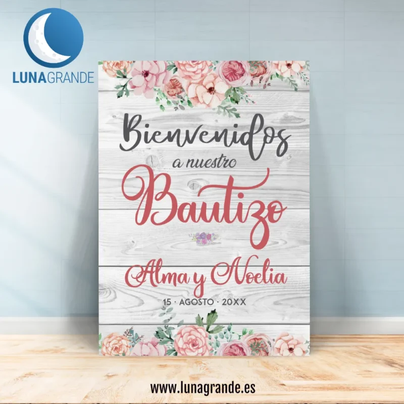 Cartel Bienvenida de Bautizo Madera floral