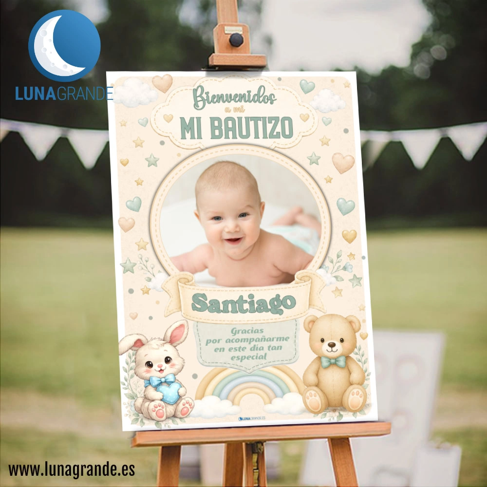 Cartel de Bautizo con Foto Peluches Arcoíris 5 Cartel Bienvenida Bautizo Personalizado - 50 x 70 - Peluches Arcoíris