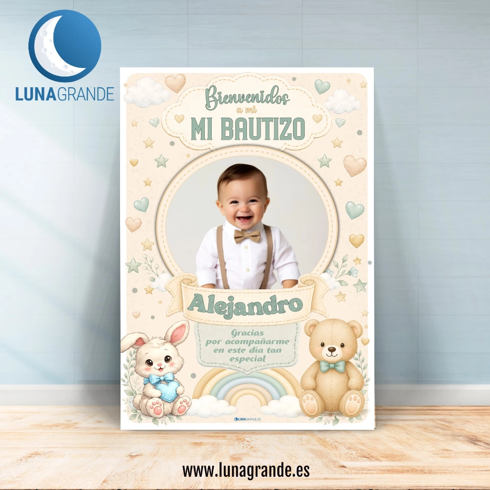 Cartel de Bautizo con Foto Peluches Arcoíris 4 Cartel Bienvenida Bautizo Personalizado - 70 x 100 - Peluches Arcoíris