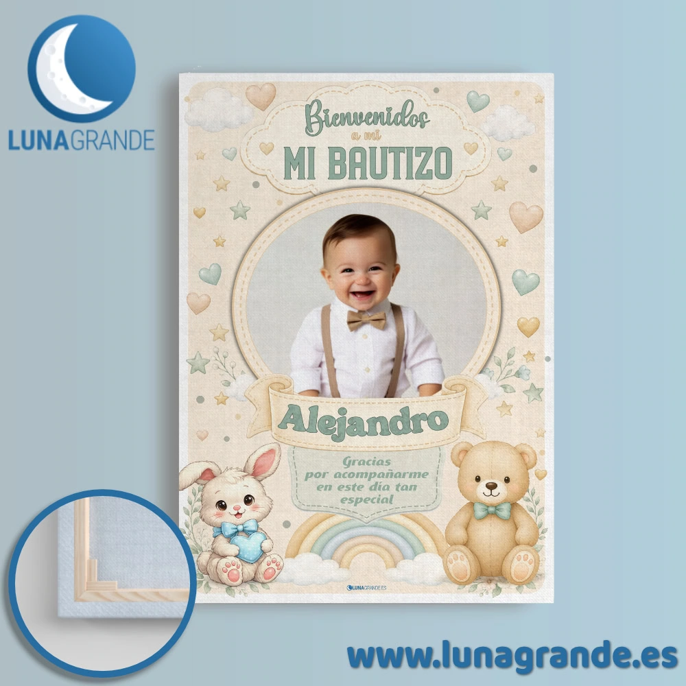 Cartel de Bautizo con Foto Peluches Arcoíris 3 Cartel Bienvenida Bautizo Personalizado - Lienzo Bastidor de Madera - Peluches Arcoíris