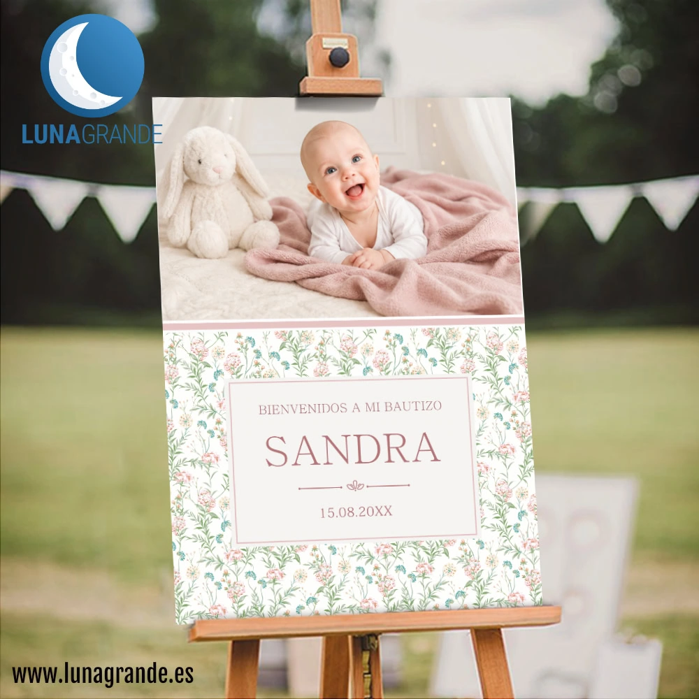Cartel de Bautizo con Foto Floral Botánico 3 Cartel Bienvenida Bautizo floral - Botánico - foto - niña - 50 x 70