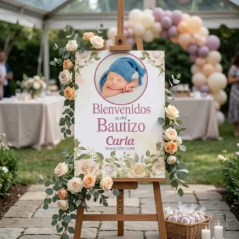 Cartel Bienvenida Bautizo floral con fotografía