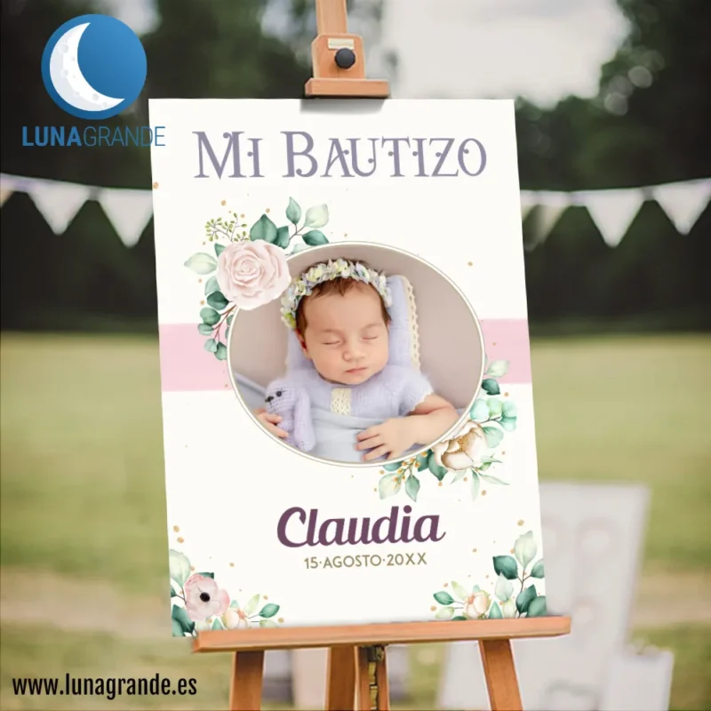 Cartel Bienvenida Bautizo floral oro 50 x 70