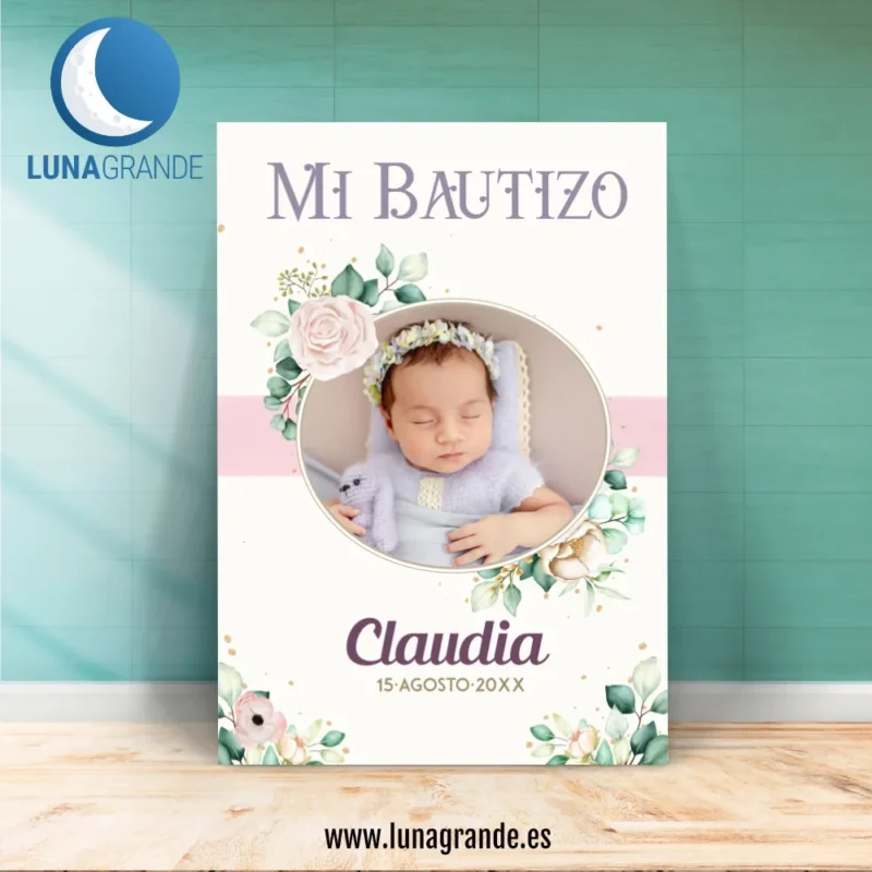 Cartel Bienvenida Bautizo floral oro 70 x 100