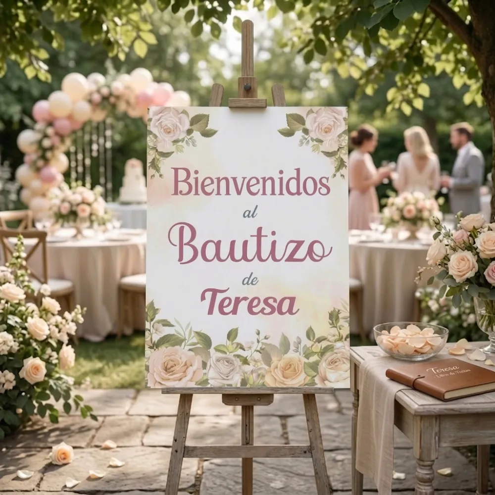 Cartel Bienvenida Bautizo · Floral 2 Cartel Bienvenida Bautizo floral sin fotografía