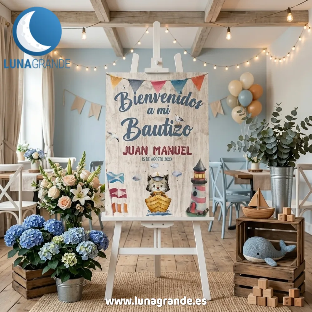 Cartel de bienvenida Bautizo - gatito marinero 5 Cartel Bienvenida Bautizo niño - Gatito marinero - personalizado