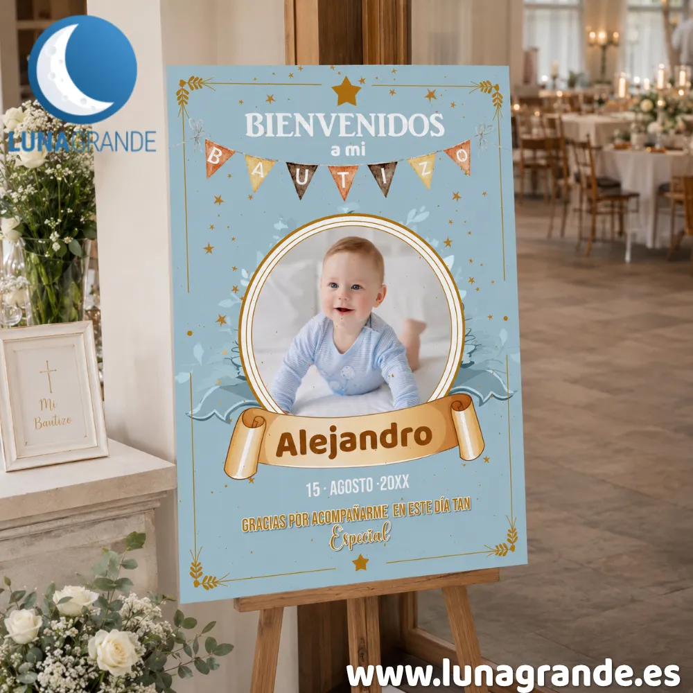 Cartel Bienvenida Bautizo Estrellas 1 Cartel Bienvenida Bautizo personalizado con foto - Estrellas
