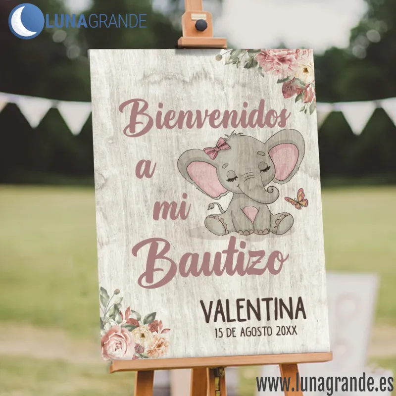 Cartel Bienvenida Bautizo Elefante 4 Cartel Bienvenida Bautizo niña - Elefante