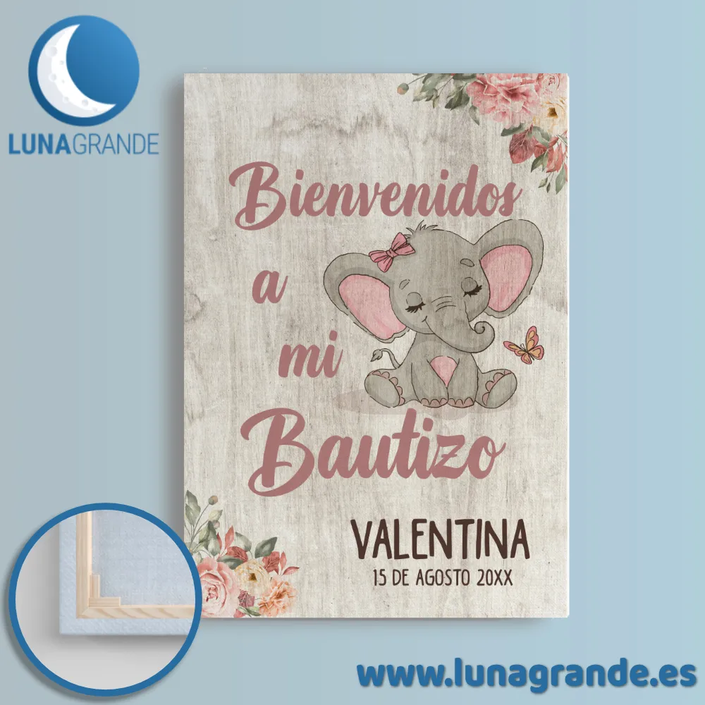 Cartel Bienvenida Bautizo Elefante 6 Cartel Bienvenida Bautizos Personalizado - Elefante - Lienzo Bastidor de Madera
