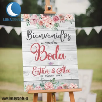 Cartel de Boda - Bienvenida Floral Vintage Madera