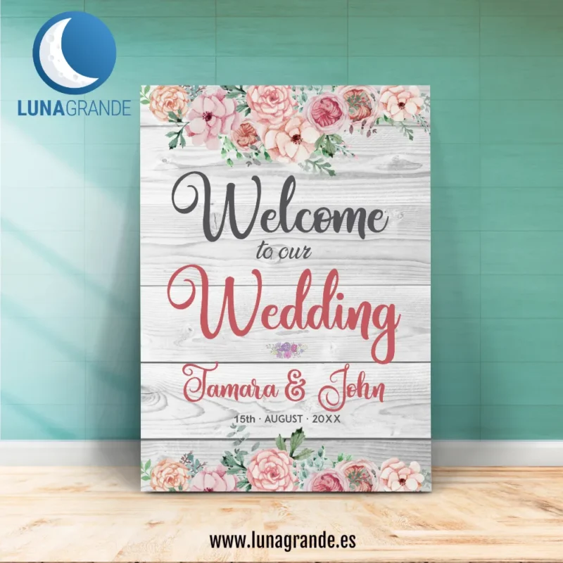 Cartel de Boda - Bienvenida Floral Vintage Madera Ingles