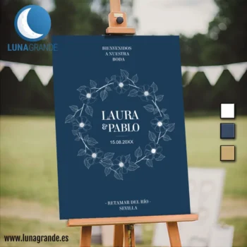 Cartel de Boda Bienvenida Floral Azul Blanco Dorado envío gratis
