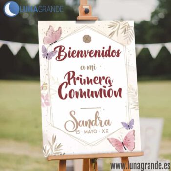 Cartel Bienvenida Comunión Mariposas Niña