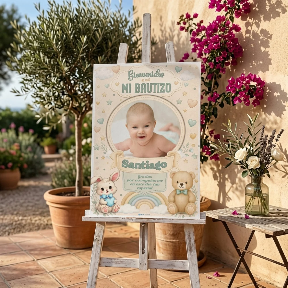 Cartel de Bautizo con Foto Peluches Arcoíris 2 Cartel Bienvenida para Bautizo Personalizado - Peluches Arcoíris