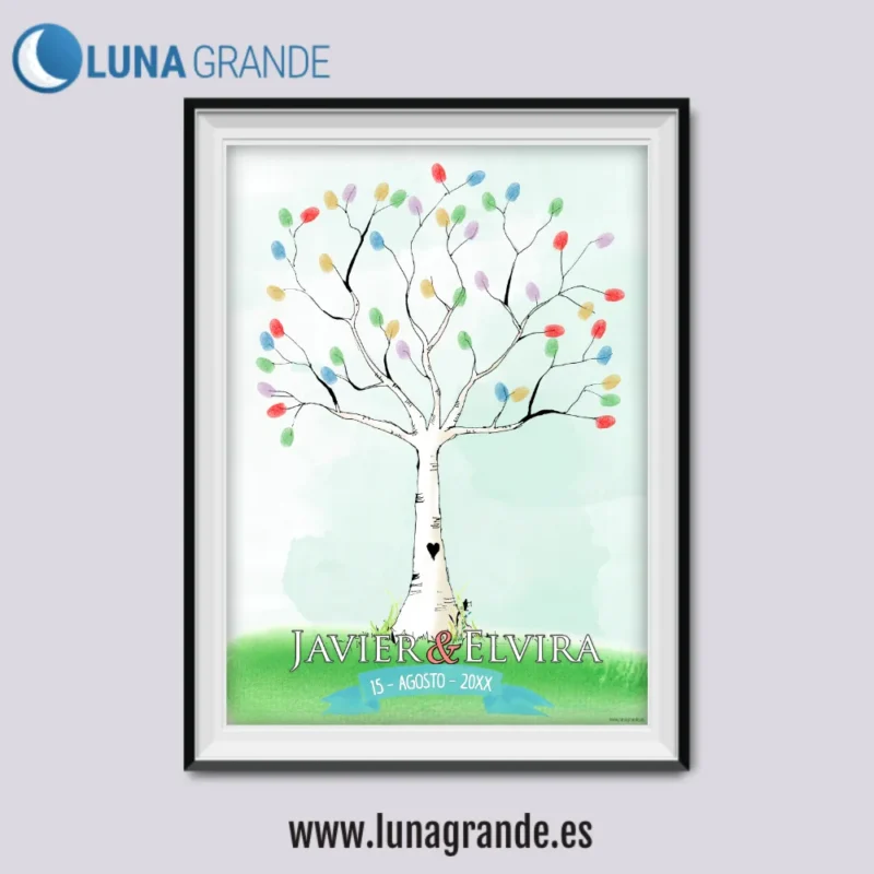 Cartel de huellas con un árbol en acuarela sobre un caballete de madera