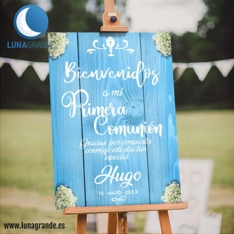 Cartel Comunión Bienvenida madera azul 50 x 70