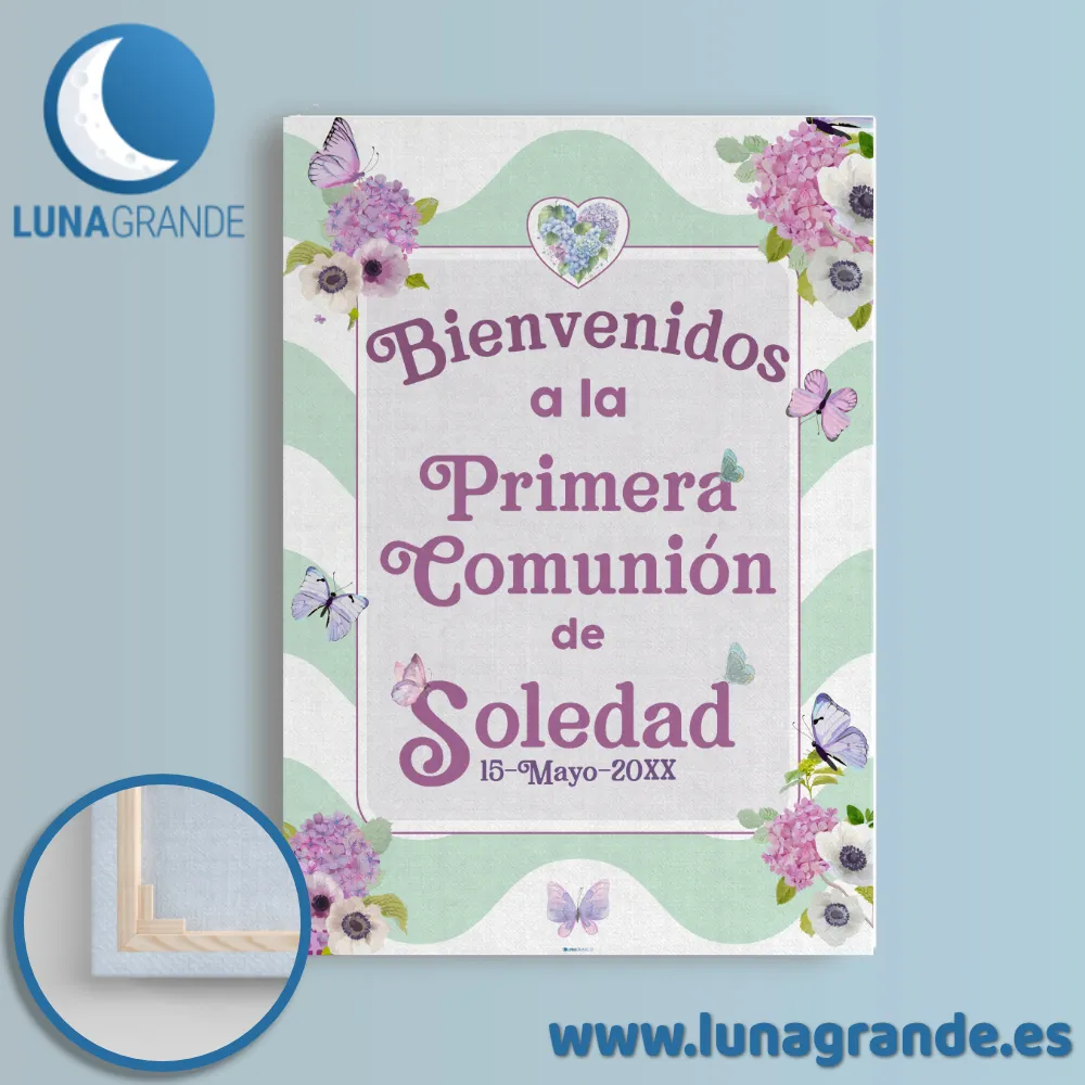 Cartel de bienvenida Primera Comunión Floral Mariposas 2 Lienzo Bastidor de Madera Primera Comunión Floral Mariposas
