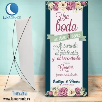Cartel Banner Bienvenida Boda 80 x 180 con estructura y bolsa de transporte.