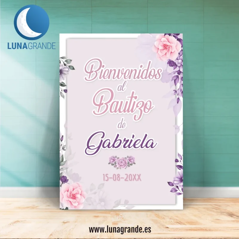 Cartel bienvenida Bautizo floral rosas lila - 70 x 100