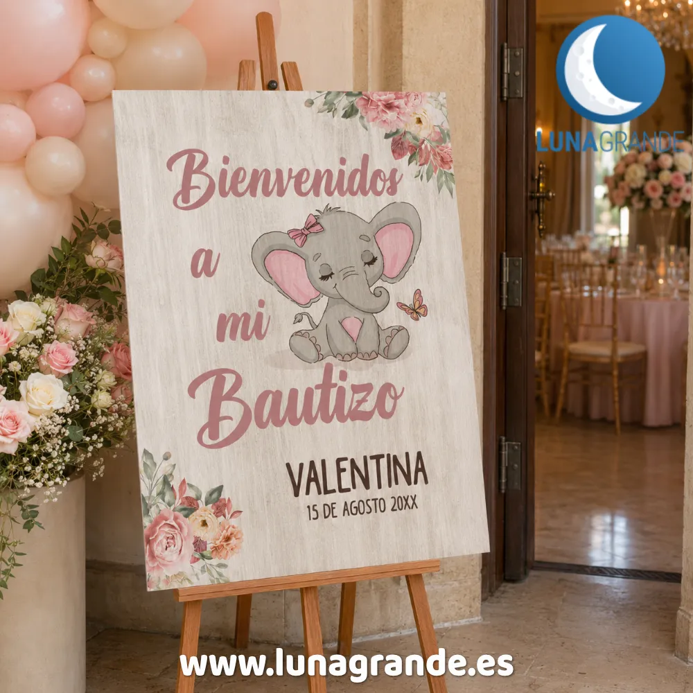 Cartel Bienvenida Bautizo Elefante 1 Carteles Bienvenida Bautizos niña - Elefante