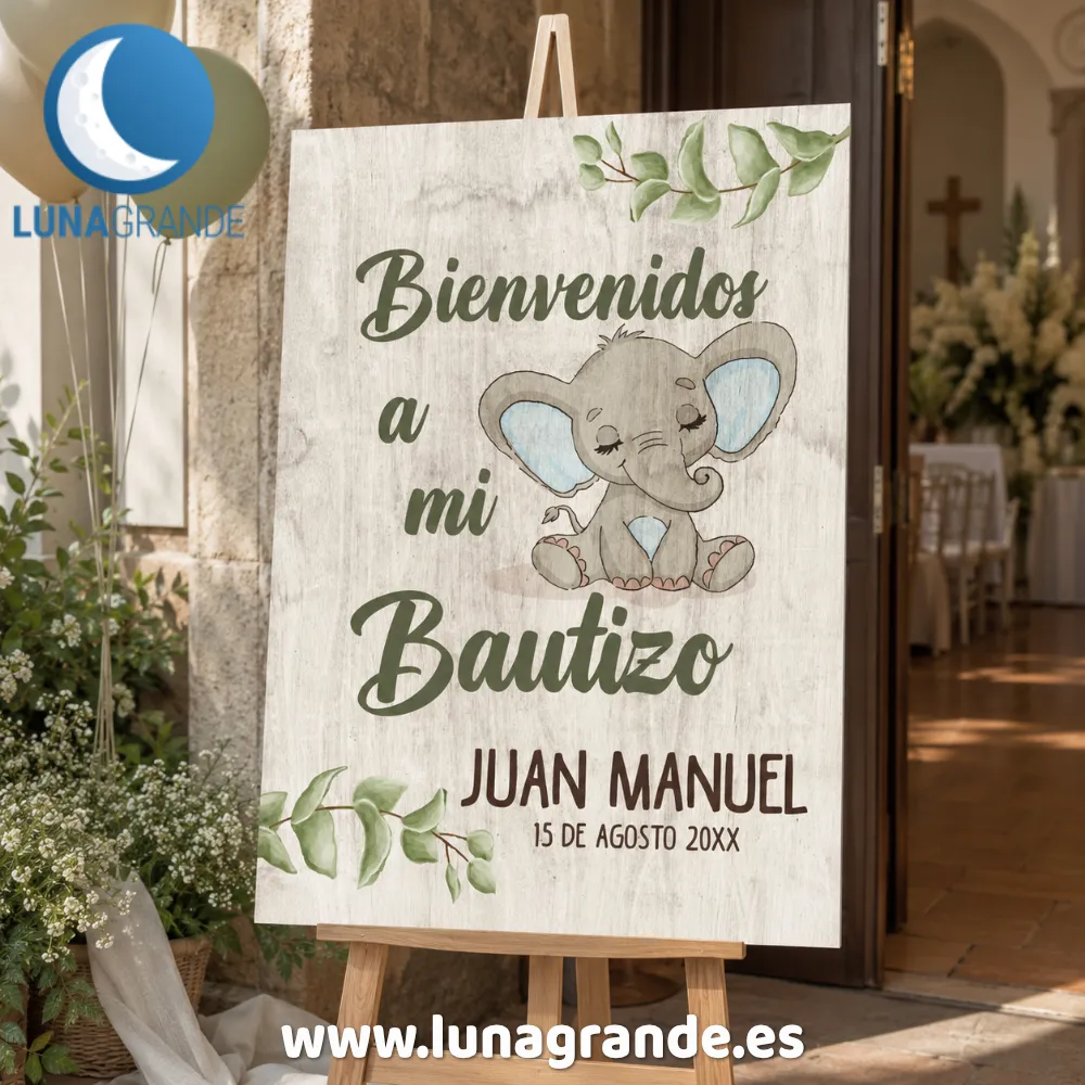 Cartel Bienvenida Bautizo Elefante 2 Carteles Bienvenida Bautizos niño - Elefante