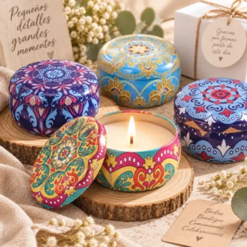 Velas aromáticas en lata con diseño andalusí para invitados