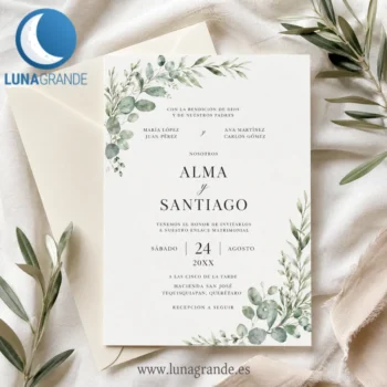 Invitación de boda botánica personalizada con hojas acuarela en papel premium