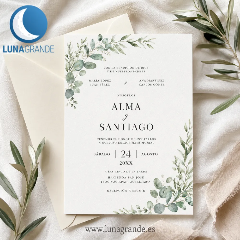 Invitación boda - Diseño Floral - Hojas 1 Invitación de boda botánica personalizada con hojas acuarela en papel premium