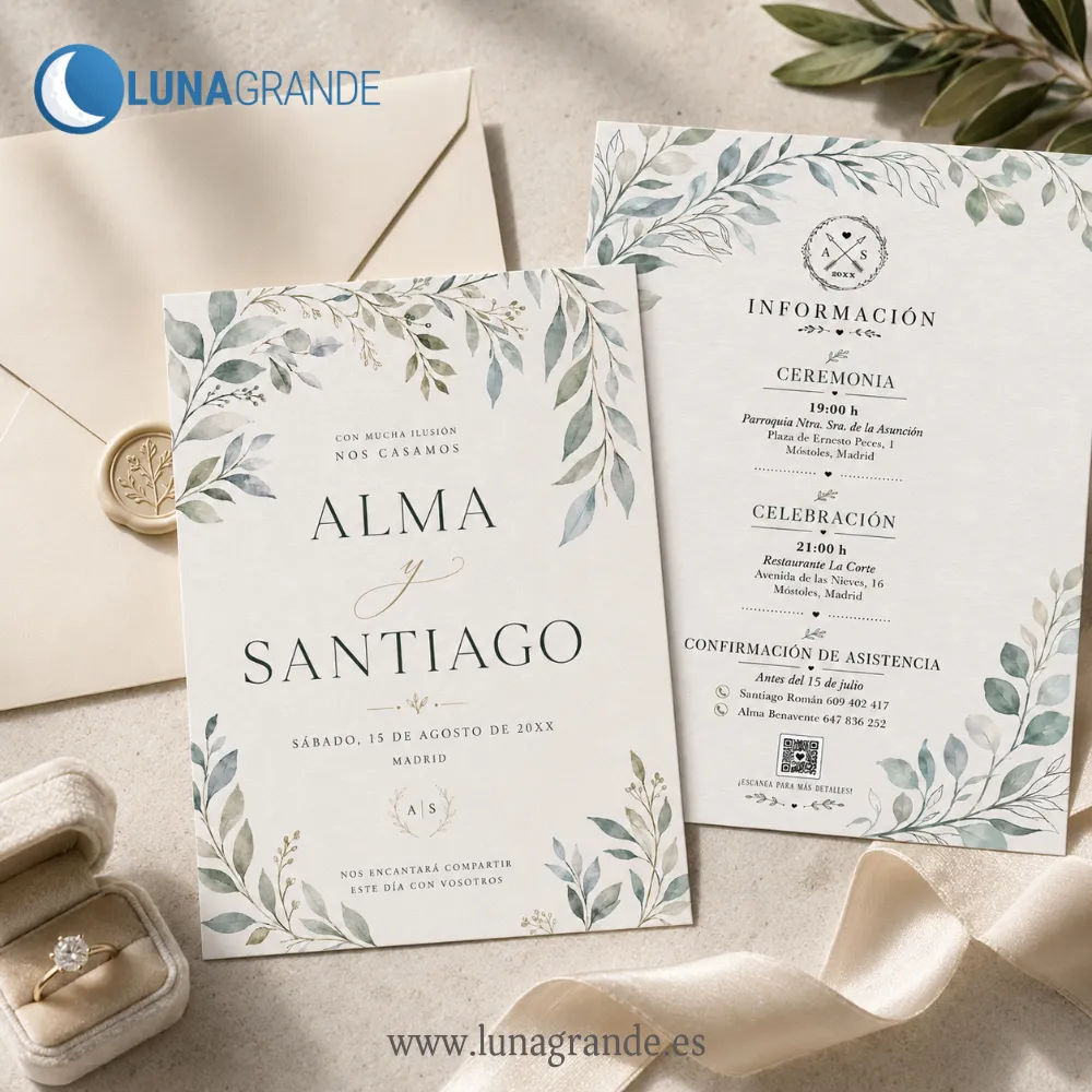 Invitación boda - Diseño Floral - Hojas 3 Invitación de boda botánica personalizada con anverso y reverso coordinados